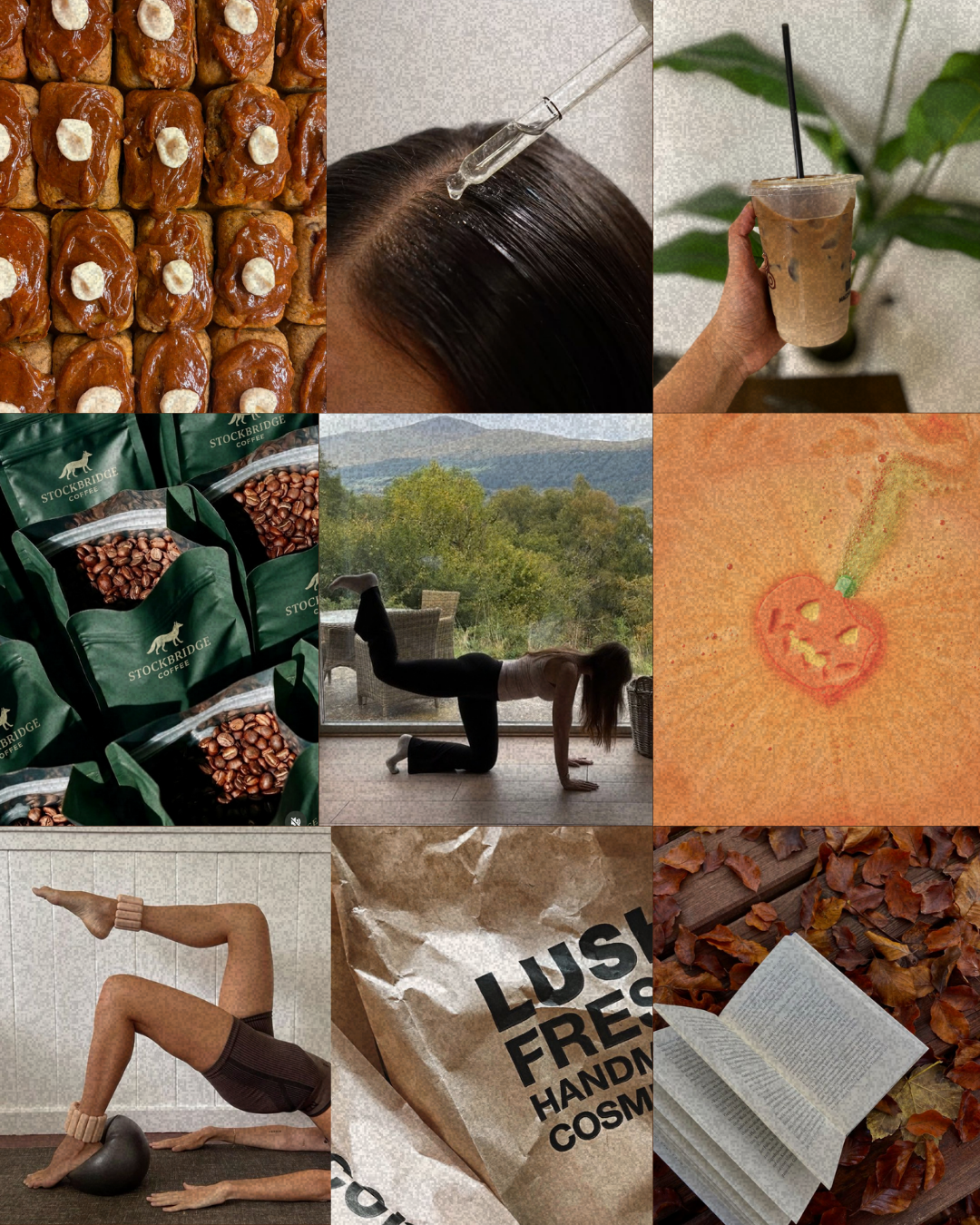 Autumn collage of Pilates, Lush products, coffee and banana bread for the Sculpted & Spiced event in Musselburgh
