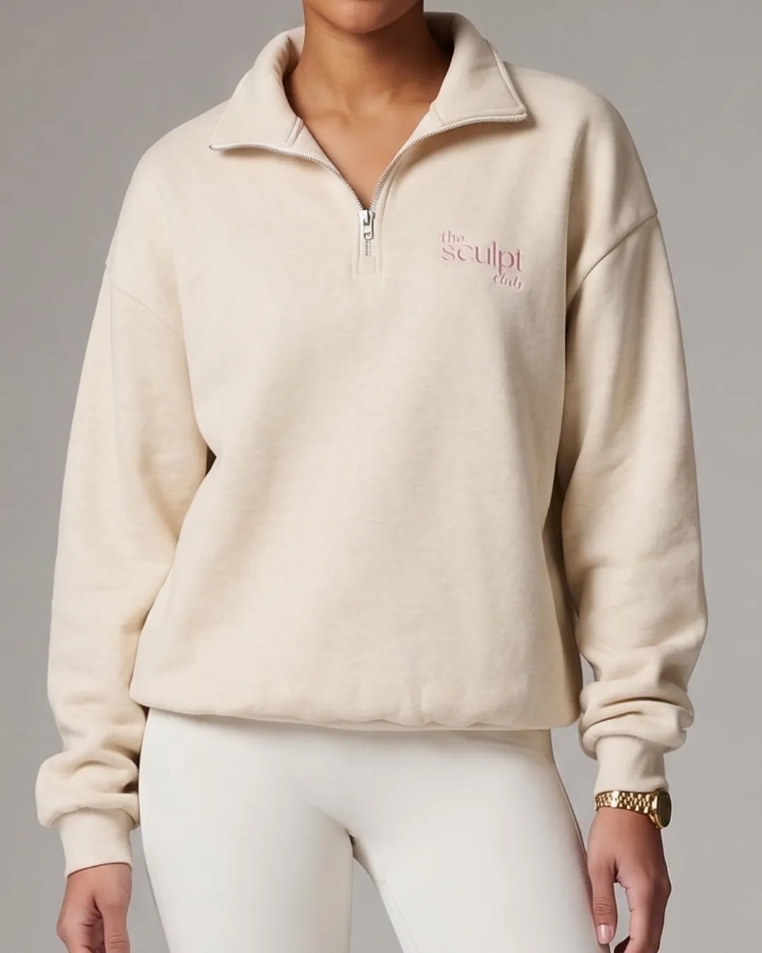 TSC quarterzip in oat worn by model with embroidery logo