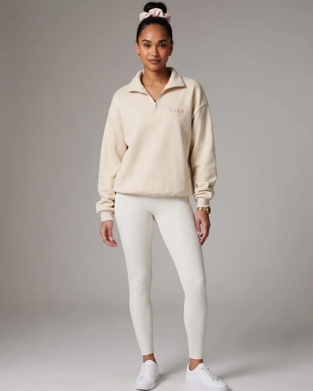TSC quarterzip in oat worn by model