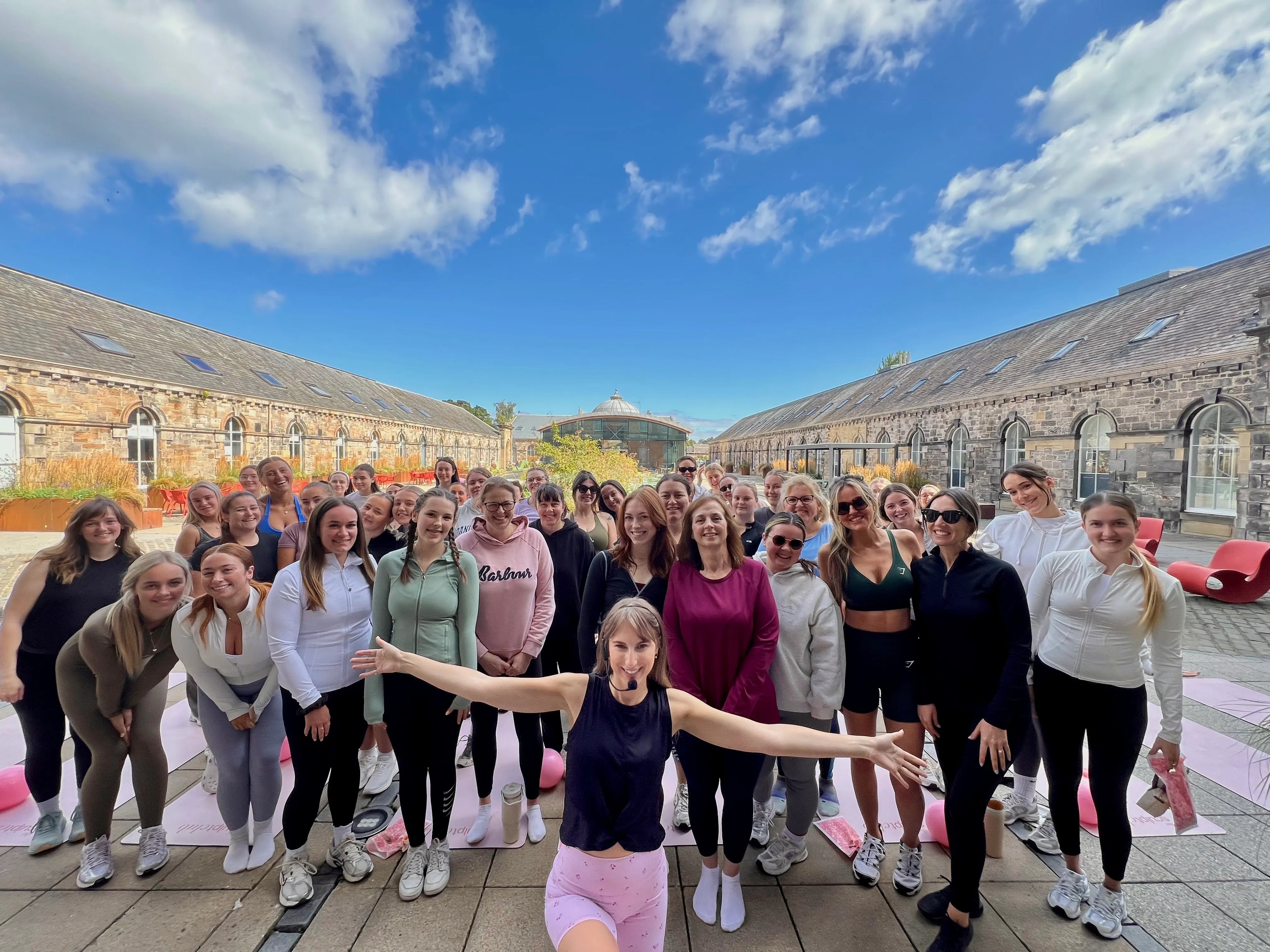 Amee founder of The Sculpt Club with her Pilates community at Eskmills Courtyard East Lothian